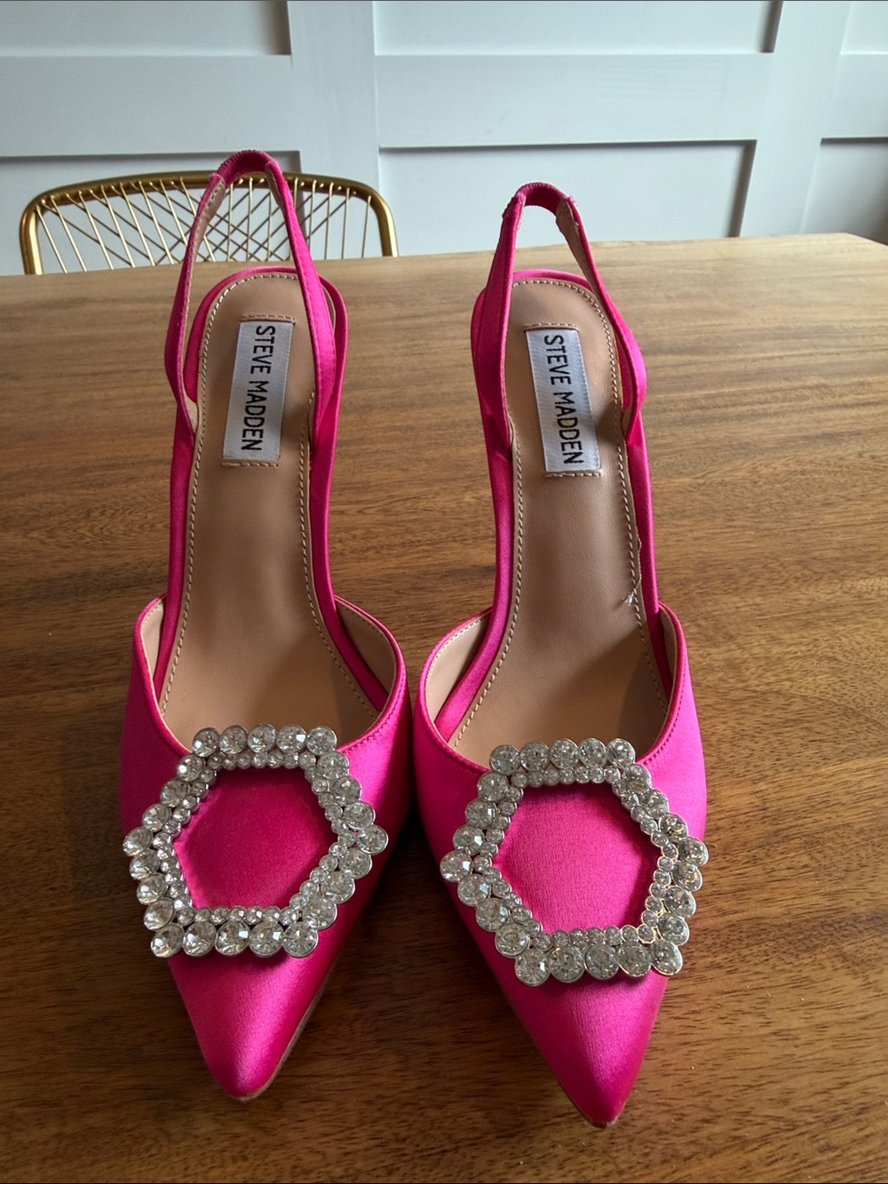 Steve Madden Fuchsia Satin Slingback Pumps with Crystal Hex Buckle